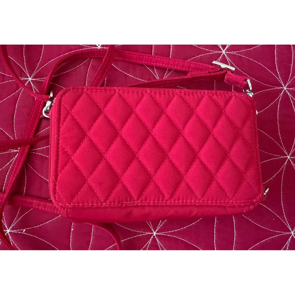 Vera Bradley Red Quilted Microfiber RFID All In One Crossbody Wallet Bag Rose